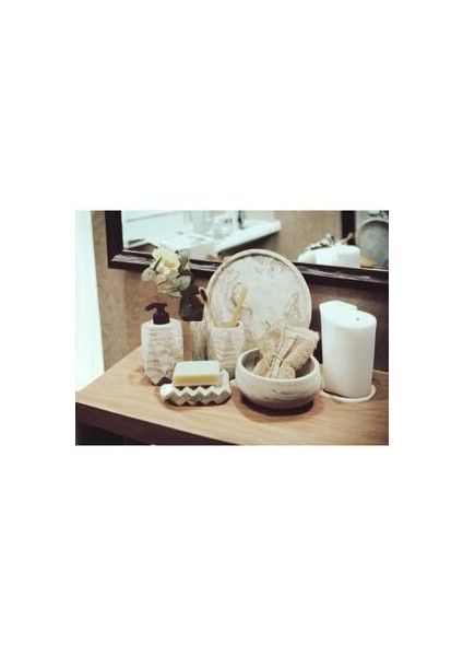 6'lı Mermer Desenli Beton Banyo Seti , Sıvı Sabunluk Diş Fırçalığı Beton Aksesuar Takım