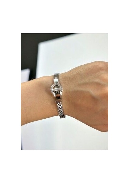 Altın Renk Kemer Detaylı Taşlı Kelepçe Bileklik Model