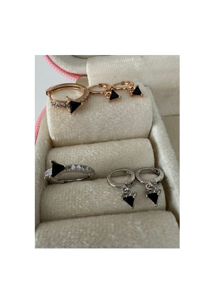 Siyah Üçgen Taşlı 3lü Set Küpe fiyatları
