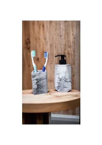 2'li Mermer Desenli Görünümlü Banyo Seti, Sıvı Sabunluk Diş Fırçalığı Beton Antrasit