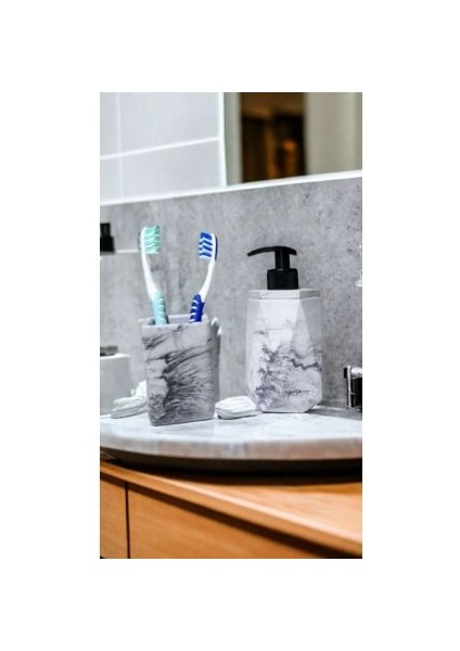 2'li Mermer Desenli Görünümlü Banyo Seti, Sıvı Sabunluk Diş Fırçalığı Beton Antrasit fiyatları