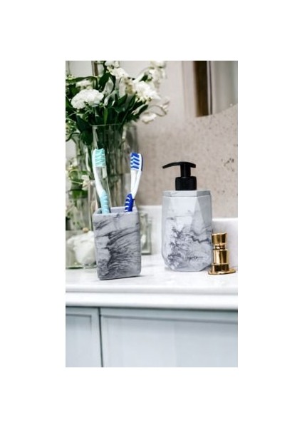 2'li Mermer Desenli Görünümlü Banyo Seti, Sıvı Sabunluk Diş Fırçalığı Beton Antrasit modelleri
