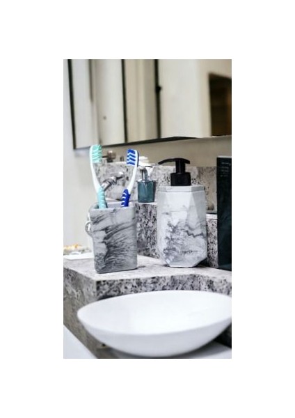 2'li Mermer Desenli Görünümlü Banyo Seti, Sıvı Sabunluk Diş Fırçalığı Beton Antrasit fırsatları