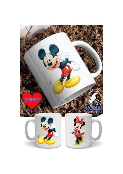 2'li Eşli Çift Yön Baskılı Miki Mouse Baskılı Kupa Bardak