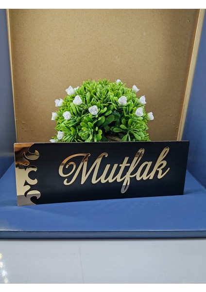 Dekoratif Mutfak Yazılı Gold Aynalı Pleksi Yazılı Siyah Mdf Yönlendirme Levhası 20X8 cm