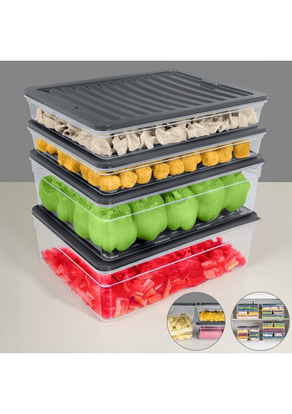 4'lü Buzdolabı Düzenleyici Organizer Set Saklama Kabı Derin Sığ Mikrodalga Difriz Kabı Xl Antrasit