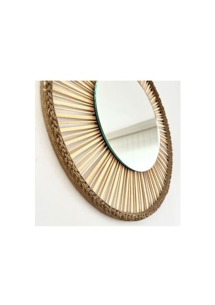 Eskitme Gold Detaylı El Yapımı Bambu Rattan Duvar Aynası