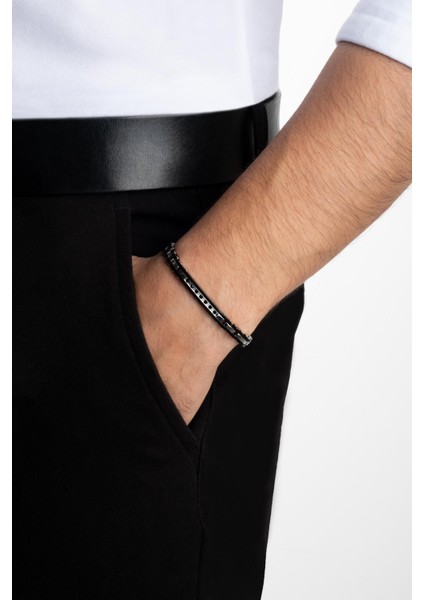Siyah Taşlı 21 cm Çelik Erkek Bileklik modelleri