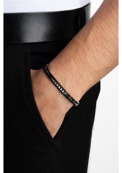 Siyah Taşlı 21 cm Çelik Erkek Bileklik fırsatları
