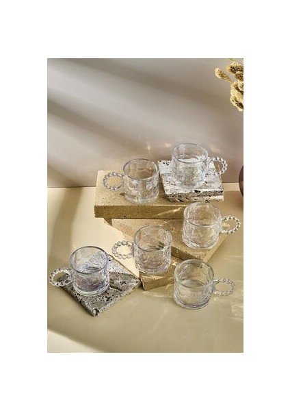 Ringo Stone Lüster 6'lı Boncuk Kulplu 100ML Cam Fincan Espresso ve Türk Kahvesi Fincanı modelleri