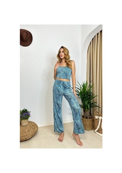Kadın Mavi Leoar Baskılı Atlet Pantalon Takım Pijama modelleri
