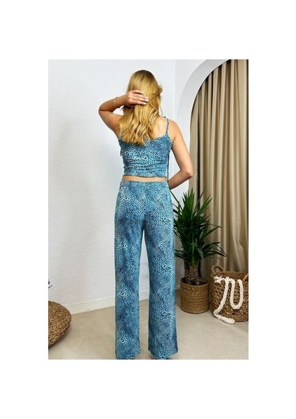 Kadın Mavi Leoar Baskılı Atlet Pantalon Takım Pijama fırsatları