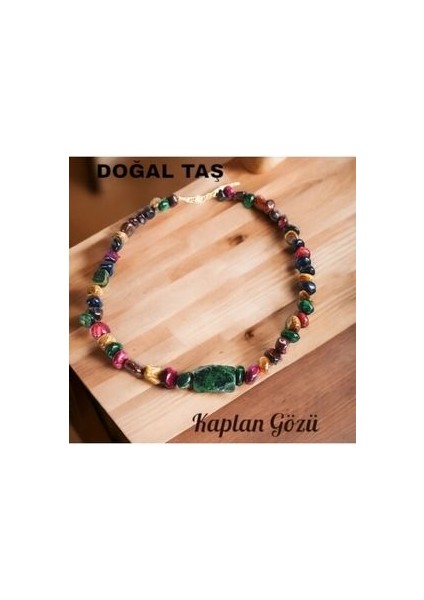 Doğal Taş Fuşya Kaplan Gözü& Rubizonittaşı Kolye