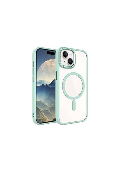 Apple iPhone 15 Kılıf Wireless Şarj Özellikli Zore Krom Magsafe Silikon Kapak Şeffaf Arka Görünüm