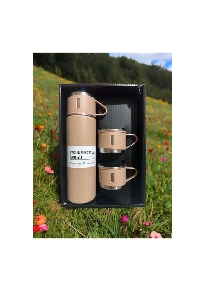 Stainless Steel Vacuum Flask Paslanmaz Çelik Bardakli Termos 3 Bardakli 500ML Yeşil