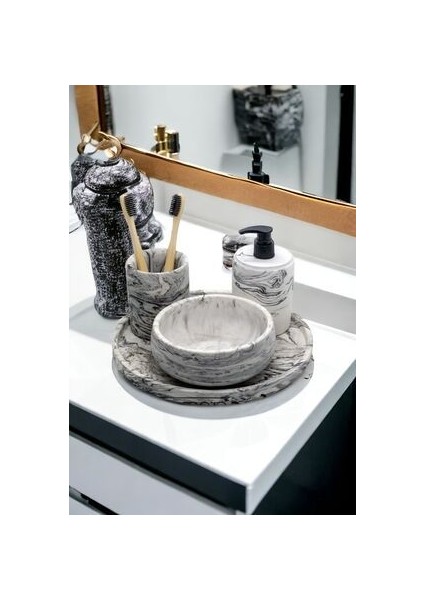 Mermer Desenli 4'lü Banyo Seti, Sıvı Sabunluk Diş Fırçalığı Beton Aksesuar Takım