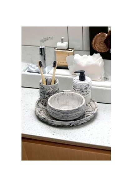 Mermer Desenli 4'lü Banyo Seti, Sıvı Sabunluk Diş Fırçalığı Beton Aksesuar Takım