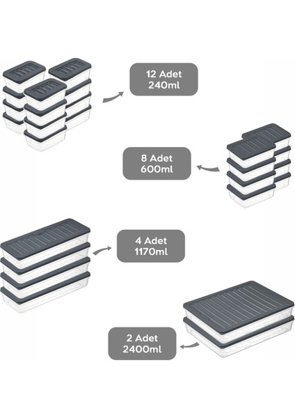 26 Parça Mikrodalga ve Difrize Uygun Saklama Kabı - 2X2400ML 4X1170ML 8X600ML 12X240ML Antrasit fiyatları