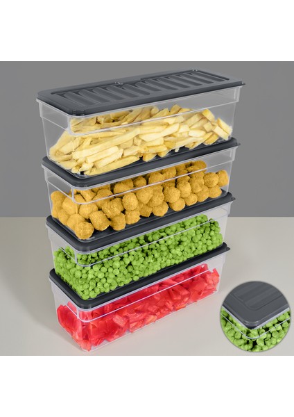 4'lü Derin Buzdolabı Organizer Set Düzenleyici Saklama Kabı Mikrodalga Difriz Kabı 2470ML Antrasit