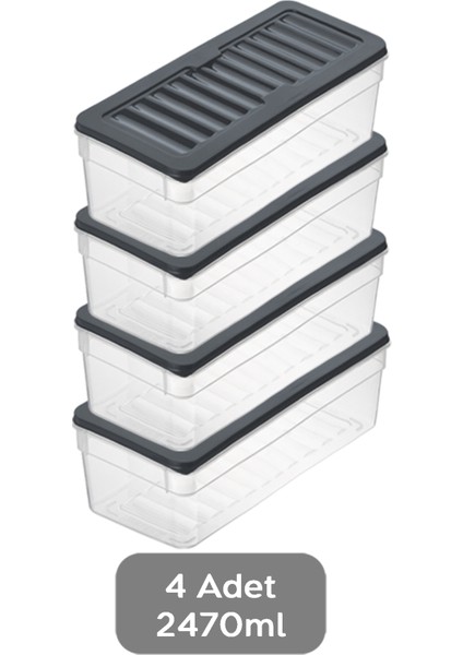 4'lü Derin Buzdolabı Organizer Set Düzenleyici Saklama Kabı Mikrodalga Difriz Kabı 2470ML Antrasit