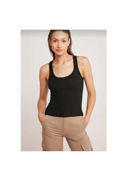 Kadın Fitilli Görünümlü Kalın Askılı Basic Siyah Atlet