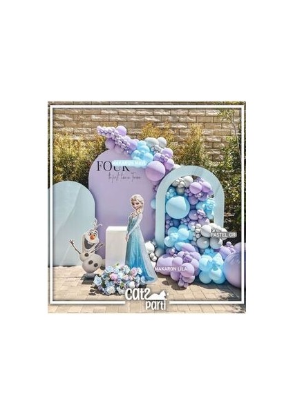 Elsa Karlar Ülkesi Balon Zinciri-Makaron Mavi, Makaron Lila, Pastel Gri 100 Adet Balon + Zincir