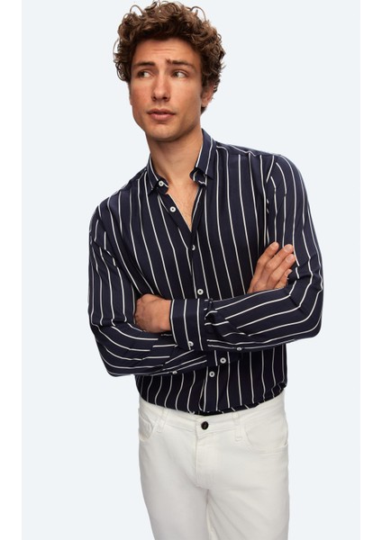 Slim Fit Lacivert Çizgi Baskılı Gömlek fiyatları