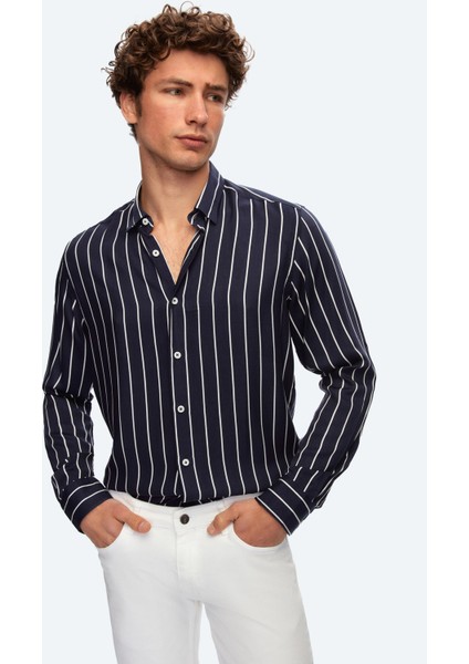 Slim Fit Lacivert Çizgi Baskılı Gömlek modelleri