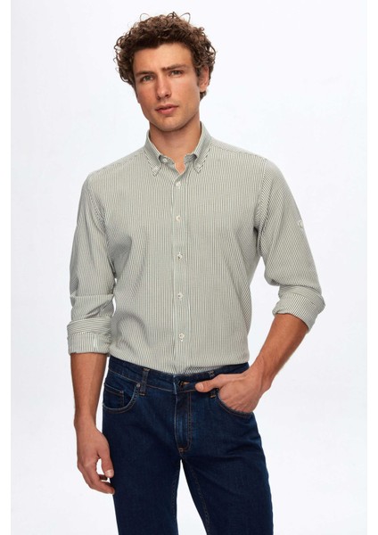 Ds Damat Regular Fit Haki Çizgi Desenli Gömlek fiyatları