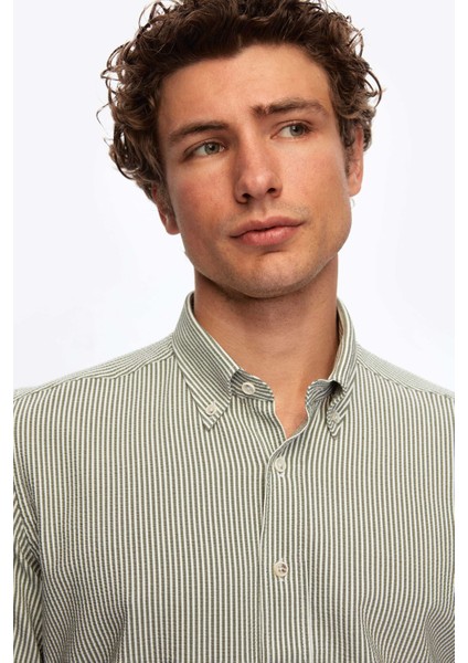 Ds Damat Regular Fit Haki Çizgi Desenli Gömlek modelleri