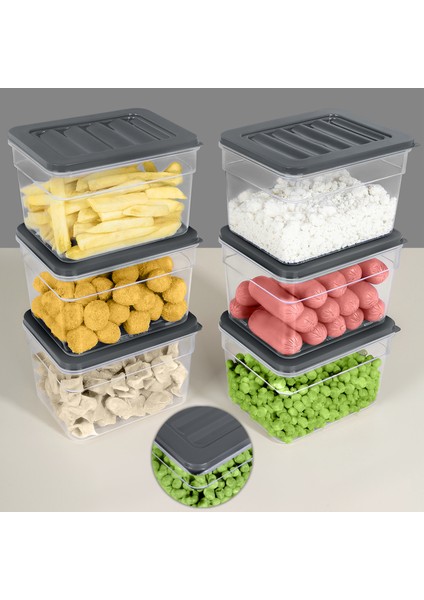 6'lı Derin Buzdolabı Organizer Set Düzenleyici Saklama Kabı Mikrodalga Difriz Kabı 1100ML Antrasit