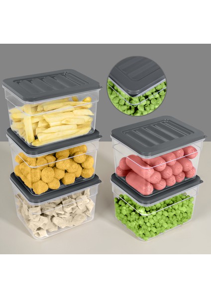 5'li Derin Mikrodalga Uyumlu Organizer Set Düzenleyici Gıda Erzak Saklama Kabı 1100ML Antrasit