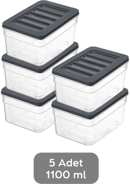 5'li Derin Mikrodalga Uyumlu Organizer Set Düzenleyici Gıda Erzak Saklama Kabı 1100ML Antrasit