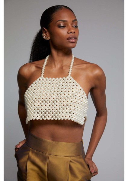 Straplez Inci Crop, Askılı Bluz Inci Kolye