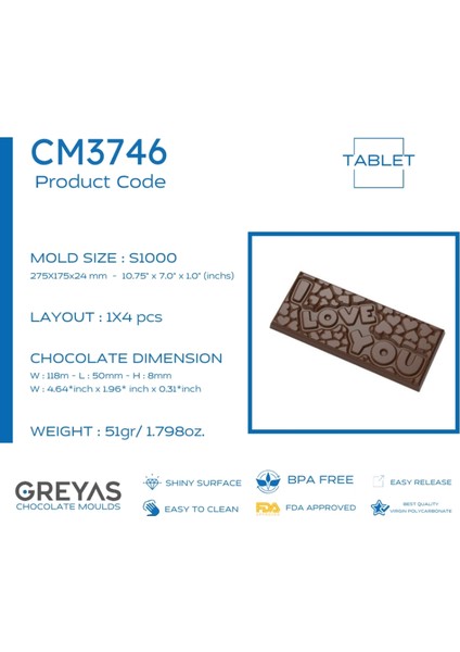 Polikarbon Tablet Çikolata Kalıbı 51 Gr. | CM-3746 fiyatları