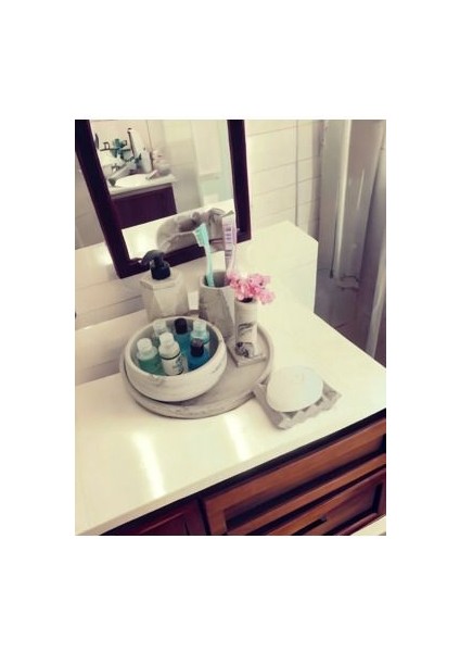 6'lı Mermer Desenli Antrasit Beton Banyo Seti , Sıvı Sabunluk Diş Fırçalığı Aksesuar Takım