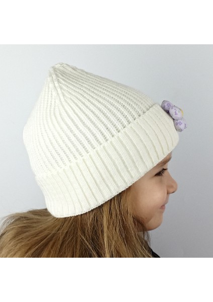 Fitilli Triko Çocuk-Genç Bere - Lila Renkli Pofuduk Çiçek fırsatları