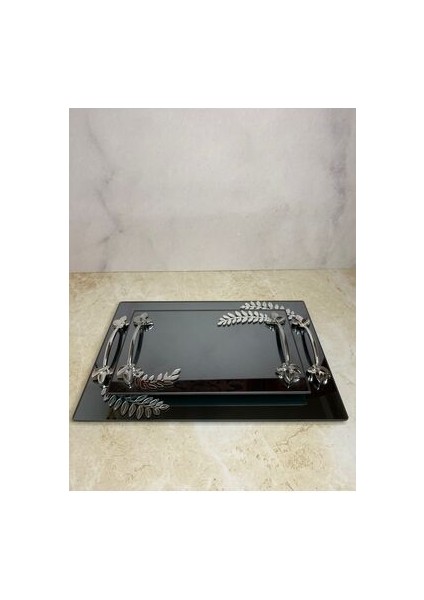 Aynalı Nişan Söz Gümüş Tepsisi 2'li 35X25 cm