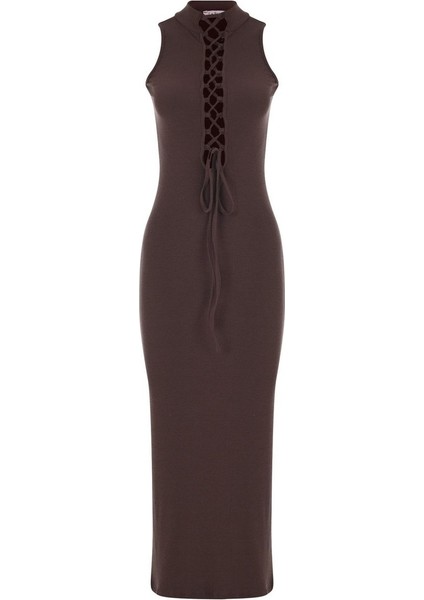 Pisa Önden Bağlamalı Önü Açık Kaşkorse Dik Yaka Uzun Elbise