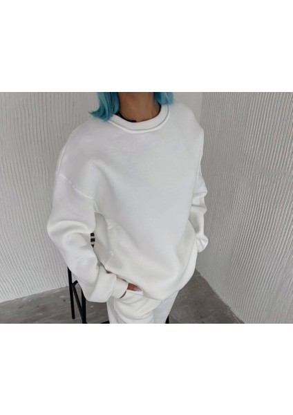 Kışlık Bisiklet Yaka Üç Iplik Basic Sweatshirt - Beyaz