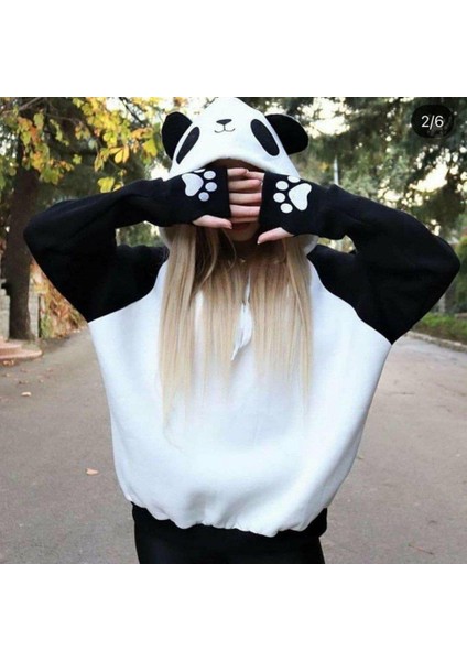 Kadın Panda Üç Iplik Kumaş Kapüşonlu Polar Sweat 65 cm