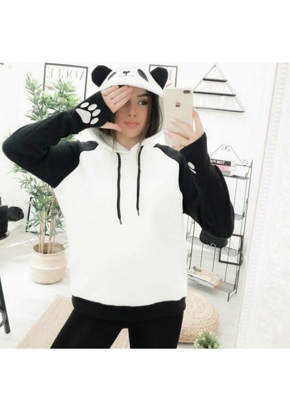 Kadın Panda Üç Iplik Kumaş Kapüşonlu Polar Sweat 65 cm