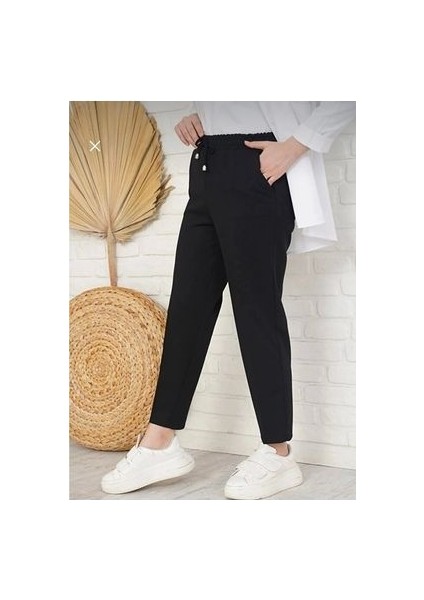 Kadın Beli Lastikli Siyah Kumaş Havuç Pantolon