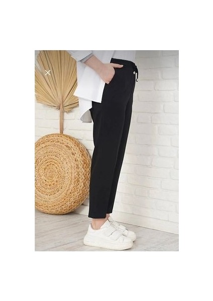 Kadın Beli Lastikli Siyah Kumaş Havuç Pantolon modelleri
