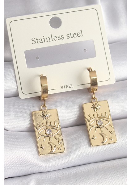 316L Çelik Gold Renk Zirkon Taşlı Göz İşleme Detay Plaka Model Kadın Küpe