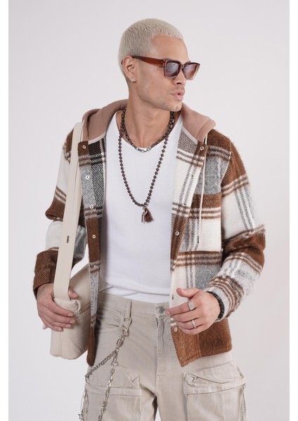Kapuşonlu Ekoseli Unisex Kaşe Gömlek