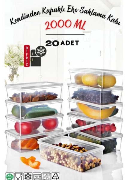 20 Adet Kendinden Kapaklı Derin Dondurucuya Uygun Saklama Kabı 2 Lt