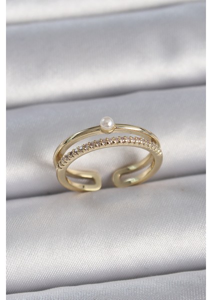 Pirinç Gold Renk Zirkon Taşlı İnci Detay Ayarlanabilir Model Kadın Yüzük