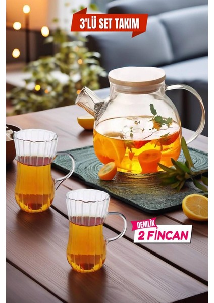 3'lü Set 1 Adet Cam Demlik 1000 ml - 2 Fincan 225 ml Takım - Model 2