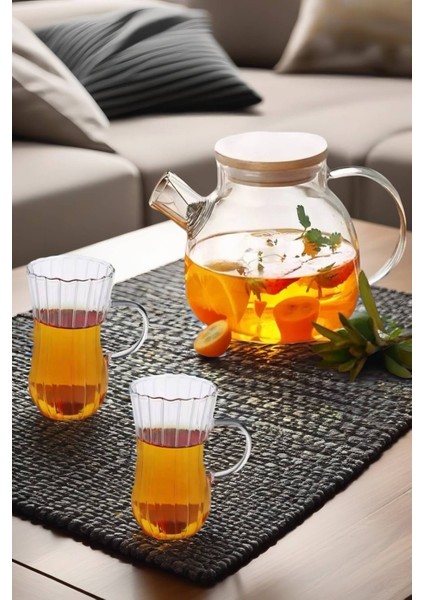 3'lü Set 1 Adet Cam Demlik 1000 ml - 2 Fincan 225 ml Takım - Model 2